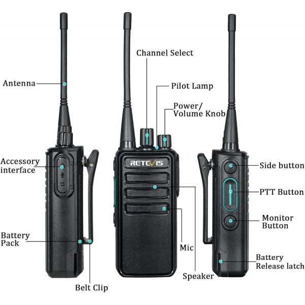 Retevis RB629 양방향 무선 헤드셋 PMR446 Rugged 워키토키 무선 클론 기능 라이센스 무료 비상 경보 VOX 보안용 충전식 양방향 라디오(2팩, 블랙)