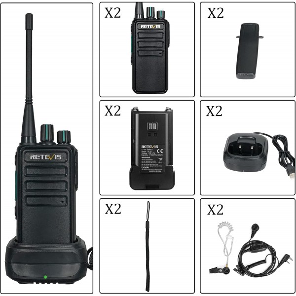 Retevis RB629 양방향 무선 헤드셋 PMR446 Rugged 워키토키 무선 클론 기능 라이센스 무료 비상 경보 VOX 보안용 충전식 양방향 라디오(2팩, 블랙)