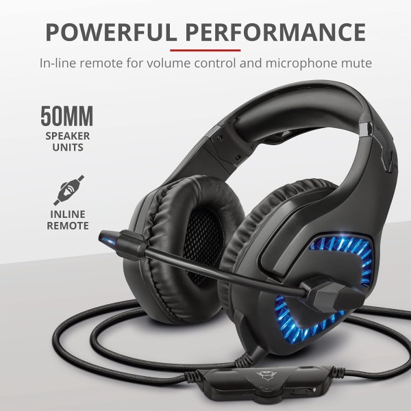 Trust GXT 460 Varzz 게임용 헤드셋 USB 및 3.5 잭, 마이크가 있는 헤드폰, 파란색 LED, PC용, 노트북 - 검은색 50mm 스피커 모듈 조명