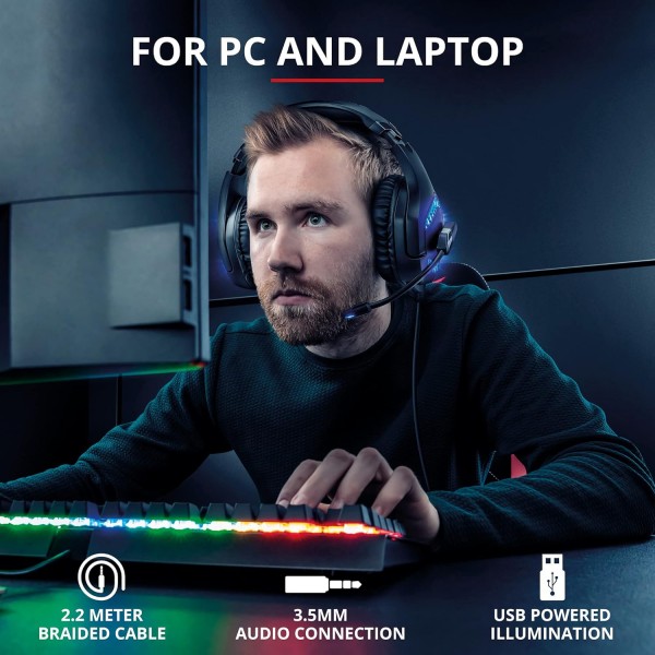 Trust GXT 460 Varzz 게임용 헤드셋 USB 및 3.5 잭, 마이크가 있는 헤드폰, 파란색 LED, PC용, 노트북 - 검은색 50mm 스피커 모듈 조명