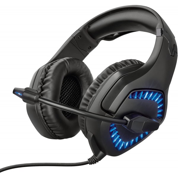 Trust GXT 460 Varzz 게임용 헤드셋 USB 및 3.5 잭, 마이크가 있는 헤드폰, 파란색 LED, PC용, 노트북 - 검은색 50mm 스피커 모듈 조명