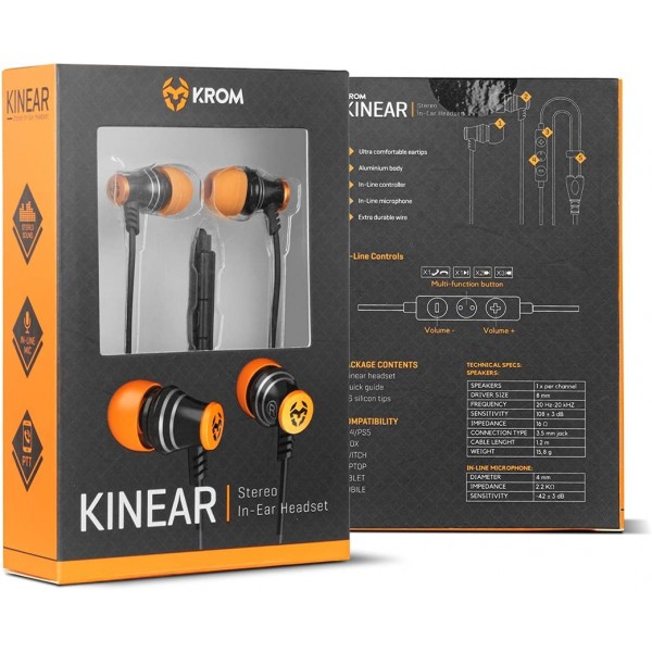 KROM Gaming KINEAR -NXKROMKINEAR- 인이어 헤드폰, 스테레오 사운드, 알루미늄, PTT(Push-to-Talk) 시스템 및 통합 마이크, PC, PS4, PS5, Nintendo Swith, 스마트폰, 블랙