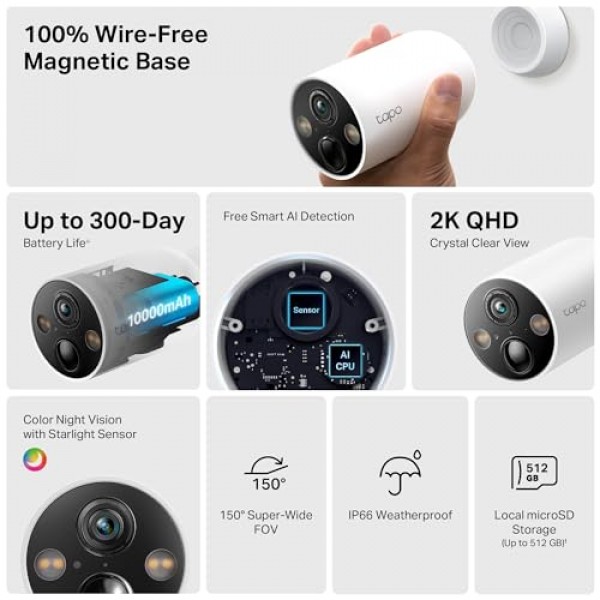 TP-Link Tapo 무선 MagCam, 실내/실외 2K 배터리 구동 스마트 보안 카메라, 자기 마운트, 별빛 컬러 야간 투시경, 사람/애완동물/차량 감지, SD/클라우드 스토리지, 2.4GHz Wi-Fi