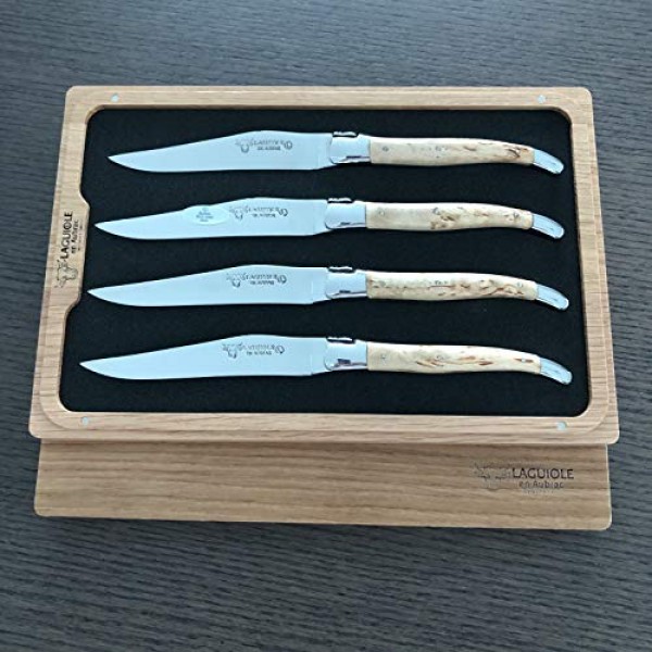 Laguiole en Aubrac 럭셔리 완전 단조 풀 탱 스테인레스 스틸 스테이크 나이프 4피스 세트, 자작나무 손잡이, 스테인레스 스틸 샤이니 볼스터