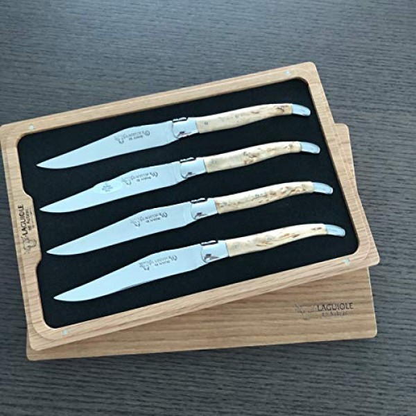 Laguiole en Aubrac 럭셔리 완전 단조 풀 탱 스테인레스 스틸 스테이크 나이프 4피스 세트, 자작나무 손잡이, 스테인레스 스틸 샤이니 볼스터