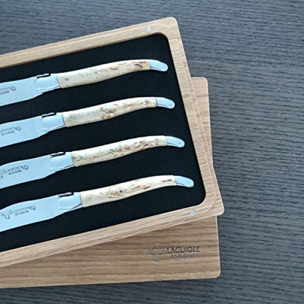 Laguiole en Aubrac 럭셔리 완전 단조 풀 탱 스테인레스 스틸 스테이크 나이프 4피스 세트, 자작나무 손잡이, 스테인레스 스틸 샤이니 볼스터