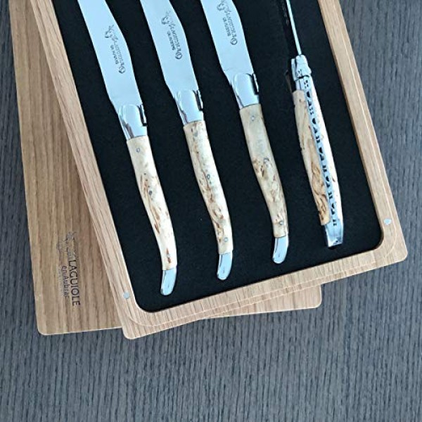 Laguiole en Aubrac 럭셔리 완전 단조 풀 탱 스테인레스 스틸 스테이크 나이프 4피스 세트, 자작나무 손잡이, 스테인레스 스틸 샤이니 볼스터