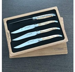 Laguiole en Aubrac 럭셔리 완전 단조 풀 탱 스테인레스 스틸 스테이크 나이프 4피스 세트, 자작나무 손잡이, 스테인레스 스틸 샤이니 볼스터