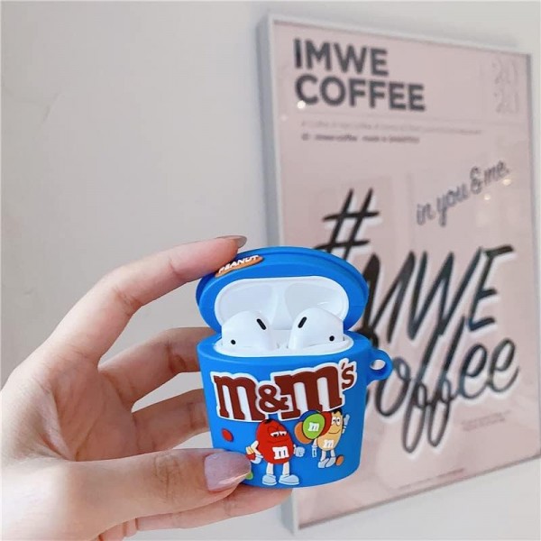 3D Airpods1&2 보호 커버, Airpods 상자용 장식 케이스, Apple Airpods 1&2와 호환 가능, 실리콘 케이스 Airpods(Blue M&Ms)