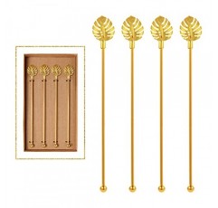 스테인레스 스틸 커피 음료 교반기 팜 리프 금속 탑, 4PCS 골드 교반기와 칵테일 음료 Swizzle 스틱을 저어