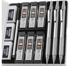 케이스가 포함된 0.5mm 샤프 펜슬 세트, MP1000 금속 아티스트 연필 3개 및 HB 리드 리필 360개, 지우개 3개, 건축가 작문 제도, 드로잉, 엔지니어링, 스케치, 실버용 지우개 