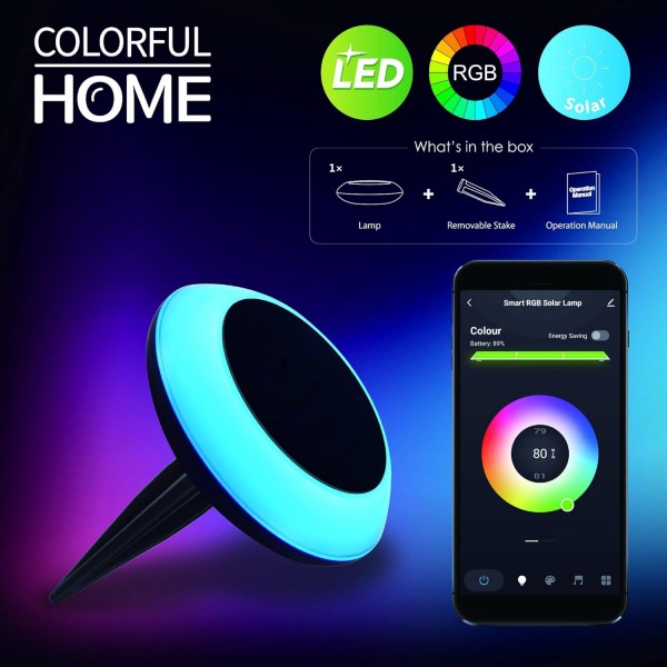 다채로운 홈-RGB 태양열 정원 조명 1600만 색상 조명, IP65 방수, 블루투스 메시 기술이 적용된 Tuya 스마트 앱, 그룹 제어, 1팩, 0.5W, 야외 정원 태양광 경로 조명