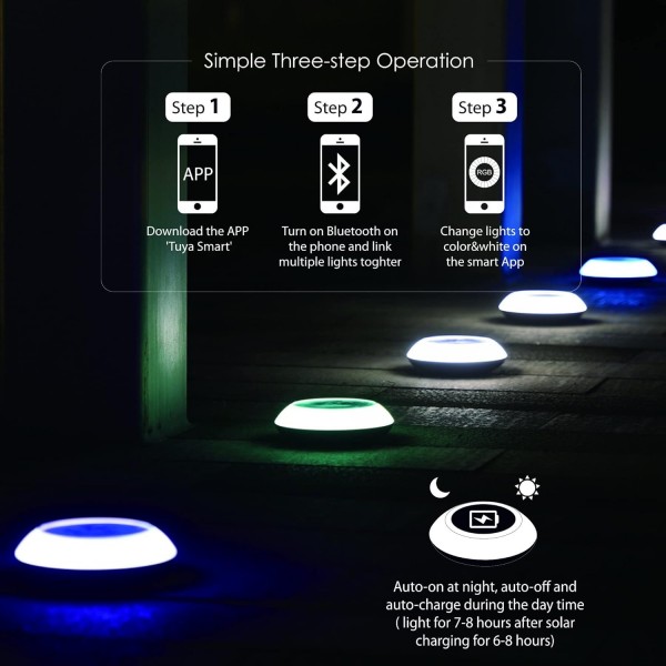 다채로운 홈-RGB 태양열 정원 조명 1600만 색상 조명, IP65 방수, 블루투스 메시 기술이 적용된 Tuya 스마트 앱, 그룹 제어, 1팩, 0.5W, 야외 정원 태양광 경로 조명