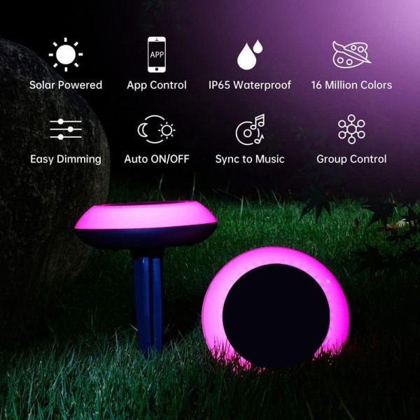 다채로운 홈-RGB 태양열 정원 조명 1600만 색상 조명, IP65 방수, 블루투스 메시 기술이 적용된 Tuya 스마트 앱, 그룹 제어, 1팩, 0.5W, 야외 정원 태양광 경로 조명