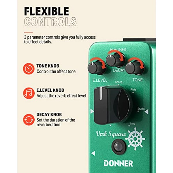 Donner Reverb 기타 페달, Verb Square 디지털 리버브 7 가지 모드 룸, 홀, 교회, 스프링, 플레이트, 스튜디오, Mod, True Bypass