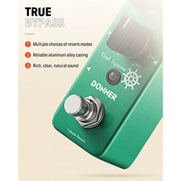 Donner Reverb 기타 페달, Verb Square 디지털 리버브 7 가지 모드 룸, 홀, 교회, 스프링, 플레이트, 스튜디오, Mod, True Bypass