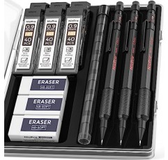 케이스가 포함된 0.9mm 기계식 연필 세트, 6개 튜브 HB 리드 리필, 지우개, 야외 쓰기 제도 도면 스케치를 위한 비바람에 견디는 배럴이 포함된 3PCS MP2000 금속 아티스트 