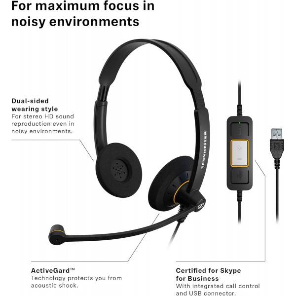 Sennheiser SC60 헤드셋(양측/양측, USB, Microsoft Lync용) 블랙, 504547 싱글