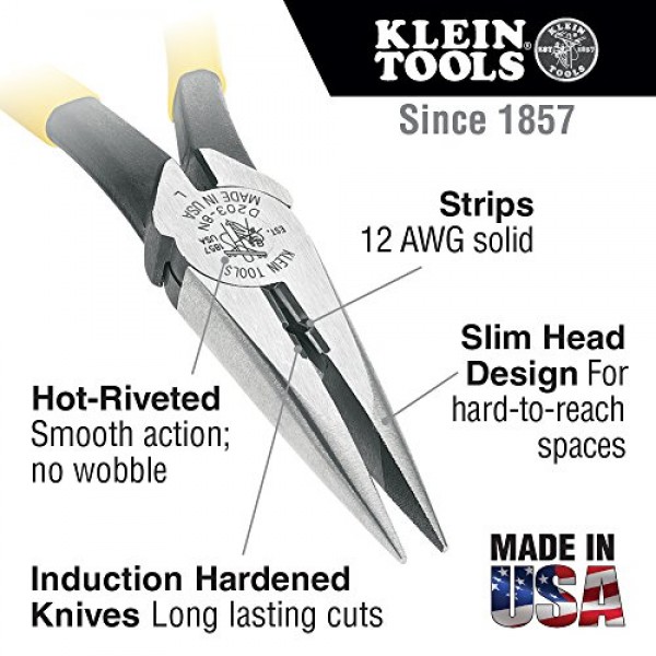 Klein Tools J203-8N 롱 노즈 사이드 커터 스트리핑 플라이어, 절단력 향상을 위해 유도 경화 및 무거움, 8인치