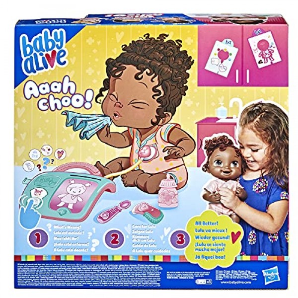 Baby Alive Lulu Achoo 인형, 조명, 소리, 움직임 및 도구가 포함된 12인치 대화형 의사 놀이 장난감, 3세 이상 어린이 표준 포장