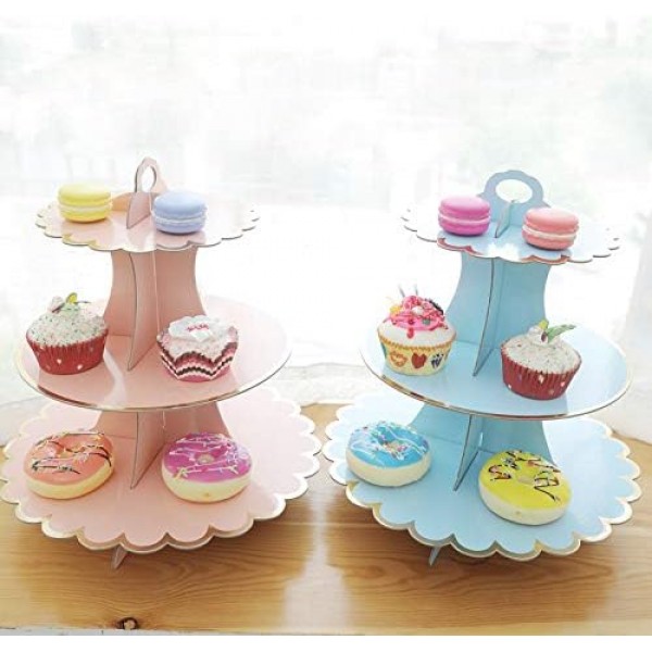 3-Tier Cupcake Stand MEETOZ 4 팩 라운드 판지 접이식 케이크 랙 홀더, 24개의 컵 케이크 보관 가능, 재사용 가능한 과자 서빙 플래터 식품 디스플레이, 생일 결혼식 특별 이벤