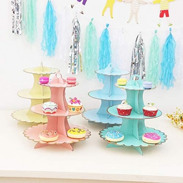 3-Tier Cupcake Stand MEETOZ 4 팩 라운드 판지 접이식 케이크 랙 홀더, 24개의 컵 케이크 보관 가능, 재사용 가능한 과자 서빙 플래터 식품 디스플레이, 생일 결혼식 특별 이벤