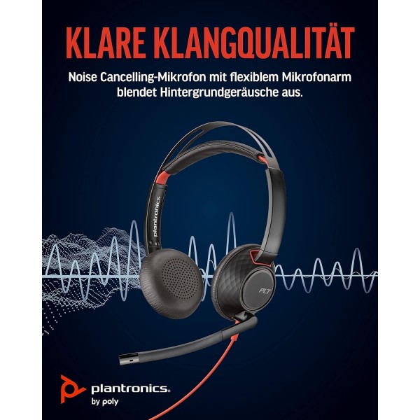 소음 제거 마이크가 장착된 Poly Blackwire 5220 스테레오 유선 USB-A 헤드셋(Plantronics) - 하루 종일 편안함 - USB-A: 3.5mm 잭을 통한 PC/Mac 또는 모바일 - Teams, Zoom 등 프리미엄 스