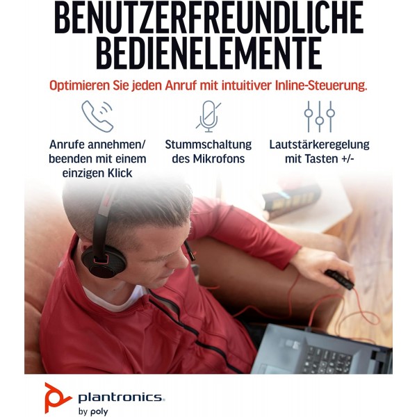 소음 제거 마이크가 장착된 Poly Blackwire 5220 스테레오 유선 USB-A 헤드셋(Plantronics) - 하루 종일 편안함 - USB-A: 3.5mm 잭을 통한 PC/Mac 또는 모바일 - Teams, Zoom 등 프리미엄 스