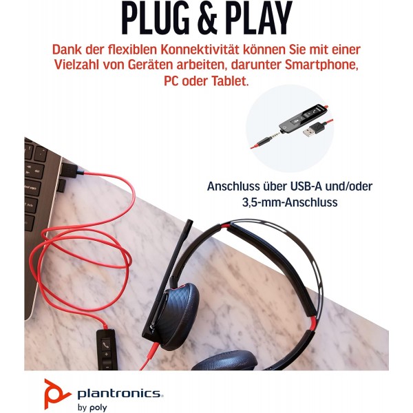 소음 제거 마이크가 장착된 Poly Blackwire 5220 스테레오 유선 USB-A 헤드셋(Plantronics) - 하루 종일 편안함 - USB-A: 3.5mm 잭을 통한 PC/Mac 또는 모바일 - Teams, Zoom 등 프리미엄 스