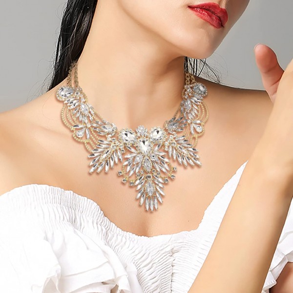 Ever Faith Chunky Statement 칼라 목걸이 여성용 소녀 라인 석 크리스탈 빈티지 꽃 잎 드롭 의상 보석 클리어 골드 톤