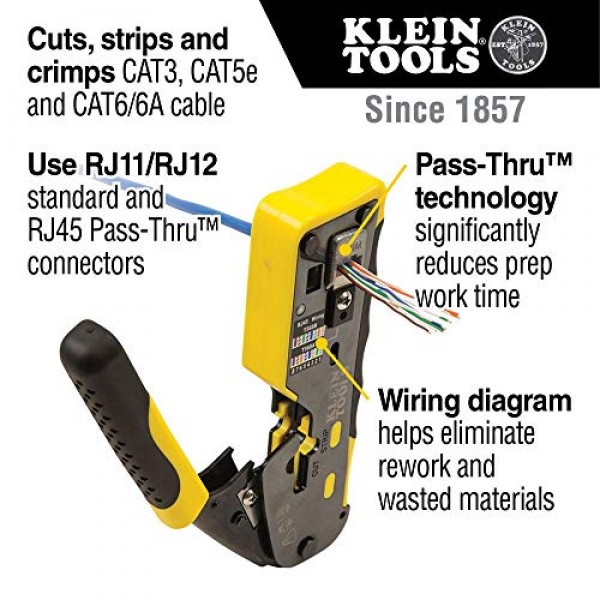 Klein Tools VDV226-110 래칫팅 모듈형 데이터 케이블 크림퍼/와이어 스트리퍼/RJ11/RJ12 표준용 와이어 커터, RJ45 패스스루 커넥터