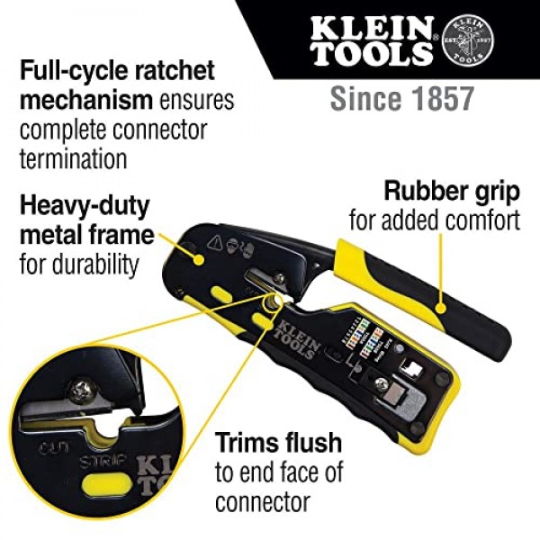 Klein Tools VDV226-110 래칫팅 모듈형 데이터 케이블 크림퍼/와이어 스트리퍼/RJ11/RJ12 표준용 와이어 커터, RJ45 패스스루 커넥터