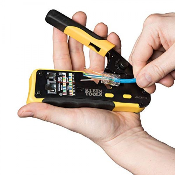 Klein Tools VDV226-110 래칫팅 모듈형 데이터 케이블 크림퍼/와이어 스트리퍼/RJ11/RJ12 표준용 와이어 커터, RJ45 패스스루 커넥터