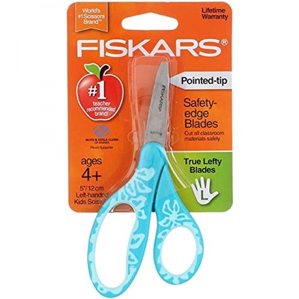 Fiskars 5인치 어린이용 가위 왼손잡이용 뾰족한 팁, 2팩 - 다양한 색상