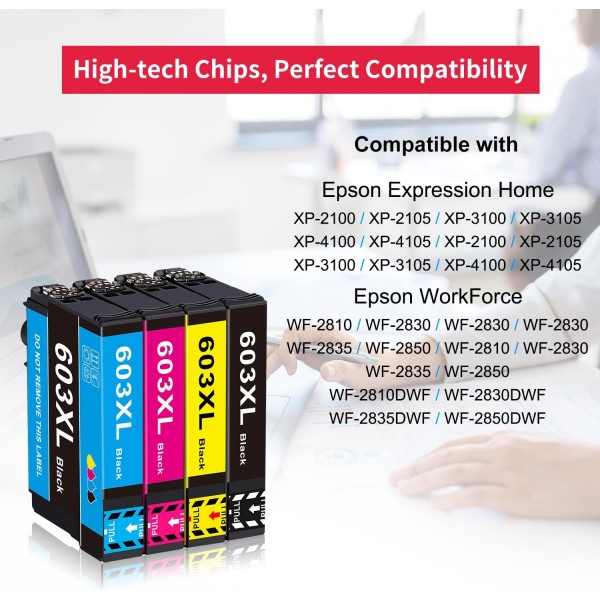 Epson Expression Home XP2100 XP2105 XP3100 XP3105 XP4100 XP4105 Workforce WF-2810DWF WF-2830DWF WF-2833과 호환되는 Epson 603XL 잉크 카트리지용 프린터 카트리지 3 검정 603 XL. 5DWF 3 블랙 EP603xl