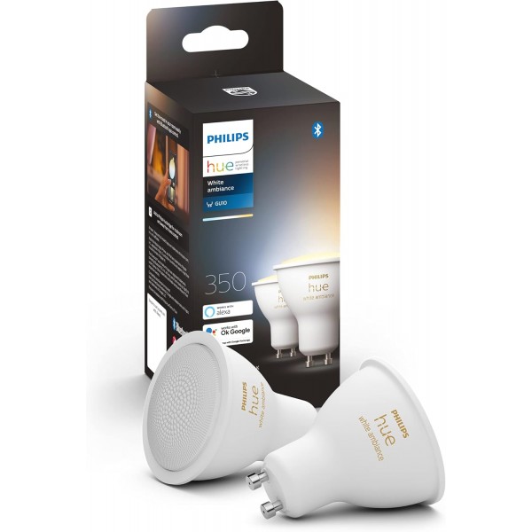 Philips Hue White Ambience GU10 LED 램프 더블 팩 및 1팩, 밝기 조절 가능, 모든 흰색 음영, 앱을 통해 제어 가능, Amazon Alexa(Echo, Echo Dot)와 호환 가능