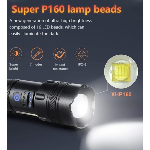 【최신 XHP160 LED】Torch Led Super Bright 10000 high lumens 손전등, USB 충전식 전술 손전등, 7 모드 고출력 토치, 캠핑, 하이킹, 야외용 조정 가능한 초점 XHP199.2