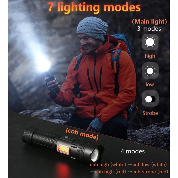 【최신 XHP160 LED】Torch Led Super Bright 10000 high lumens 손전등, USB 충전식 전술 손전등, 7 모드 고출력 토치, 캠핑, 하이킹, 야외용 조정 가능한 초점 XHP199.2