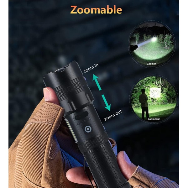 【최신 XHP160 LED】Torch Led Super Bright 10000 high lumens 손전등, USB 충전식 전술 손전등, 7 모드 고출력 토치, 캠핑, 하이킹, 야외용 조정 가능한 초점 XHP199.2