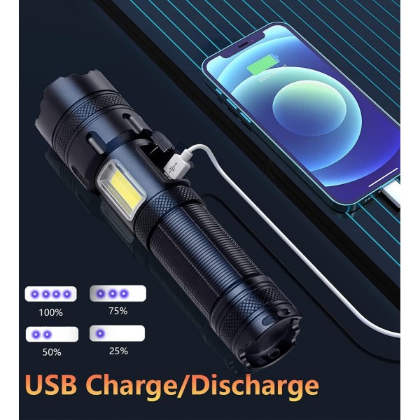 【최신 XHP160 LED】Torch Led Super Bright 10000 high lumens 손전등, USB 충전식 전술 손전등, 7 모드 고출력 토치, 캠핑, 하이킹, 야외용 조정 가능한 초점 XHP199.2