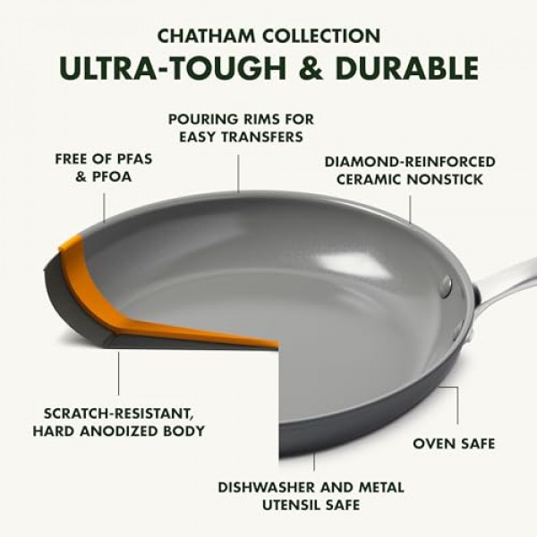 GreenPan Chatham 경질 양극산화 건강 세라믹 붙지 않는 8인치 및 10인치 프라이팬 프라이팬 세트, 오믈렛 및 계란 팬, PFAS 없음, 식기세척기 사용 가능, 오븐 사용 가능, 회
