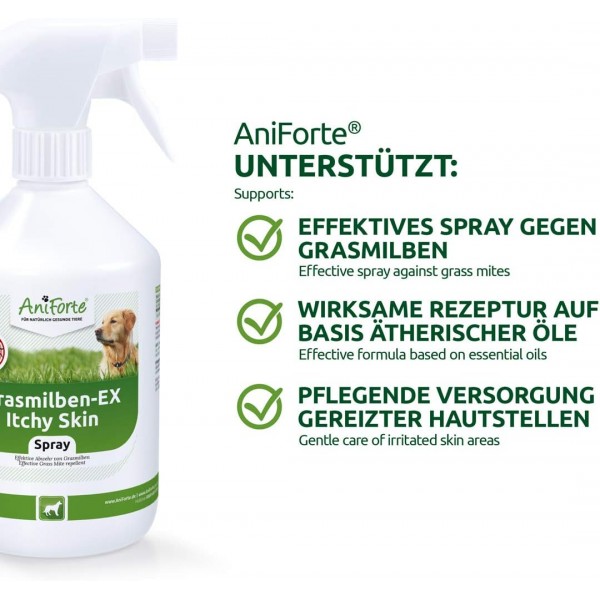 AniForte Grass Mite EX 스프레이 500ml Grass Mite EX 스프레이 - 개를 위한 잔디 진드기 스프레이, 잔디 진드기 및 기생충에 대한 효과적이고 장기적인 방어, 자극받은 피부 진정