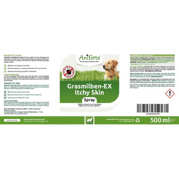 AniForte Grass Mite EX 스프레이 500ml Grass Mite EX 스프레이 - 개를 위한 잔디 진드기 스프레이, 잔디 진드기 및 기생충에 대한 효과적이고 장기적인 방어, 자극받은 피부 진정