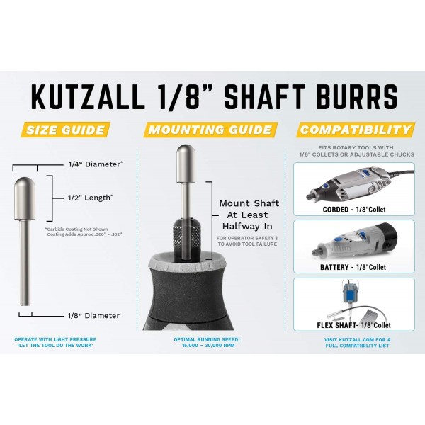 Kutzall 익스트림 볼 노즈 버, 1/8 샤프트, 매우 거친 - Dremel, Foredom, Dewalt, Milwaukee용 목공 부착물. 연마 카바이드, 1/4(6.3mm) 직경 X 1/2(12.7mm) 길이, Bnx-14-Eg Extreme - 매우 거친 