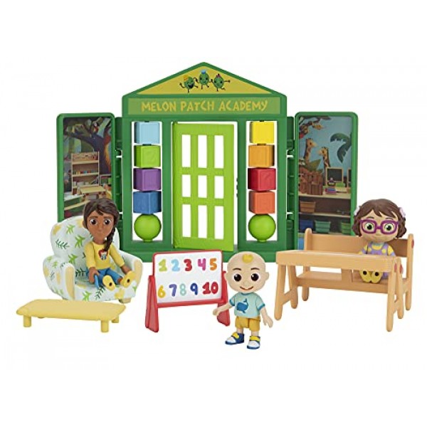 CoComelon School Time 디럭스 플레이타임 세트 - JJ, Bella, Ms. Appleberry 선생님과 5가지 액세서리(테이블, 유아용 침대, 안락 의자, 이젤, 벽) - 어린이, 유아 및 미취학 아동을 