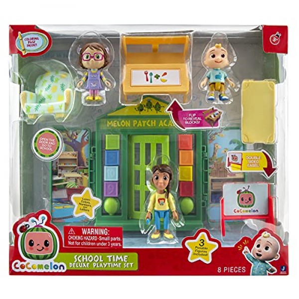 CoComelon School Time 디럭스 플레이타임 세트 - JJ, Bella, Ms. Appleberry 선생님과 5가지 액세서리(테이블, 유아용 침대, 안락 의자, 이젤, 벽) - 어린이, 유아 및 미취학 아동을 
