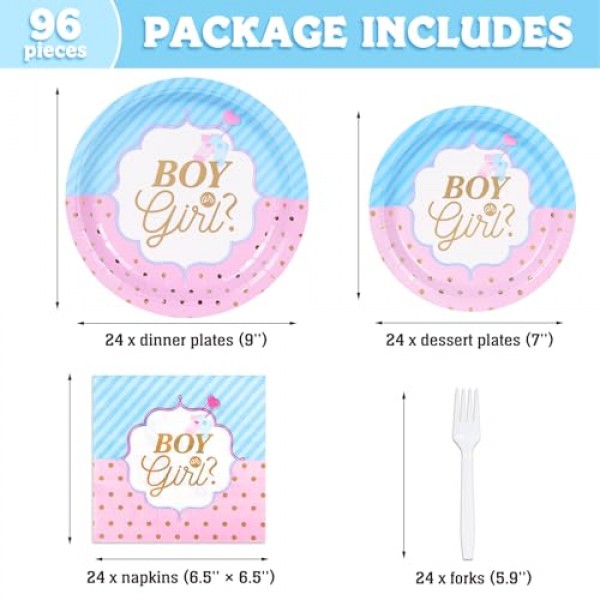 DECORLIFE 성별 공개 플레이트 24인분, 남아 또는 여아 성별 공개 파티 용품 베이비 샤워 공개 파티 장식용 냅킨과 포크 포함, 총 96개