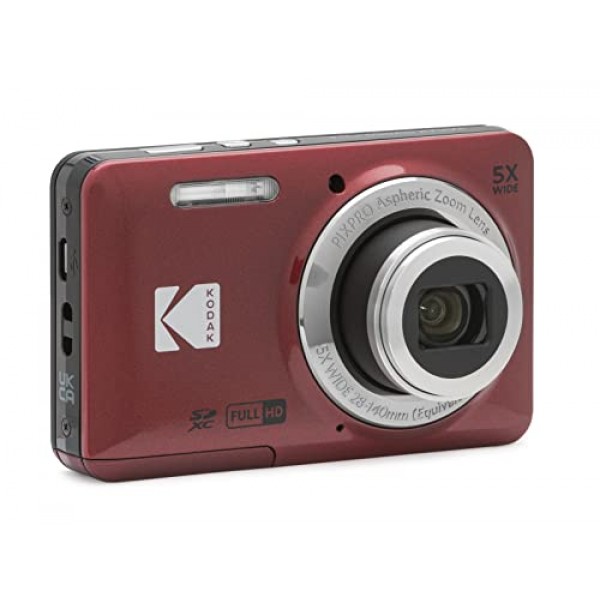 KODAK PIXPRO FZ55-RD 16MP 디지털 카메라 5배 광학 줌 28mm 광각 1080P 풀 HD 비디오 2.7인치 LCD 브이로그 카메라(빨간색) 포장은 다를 수 있음