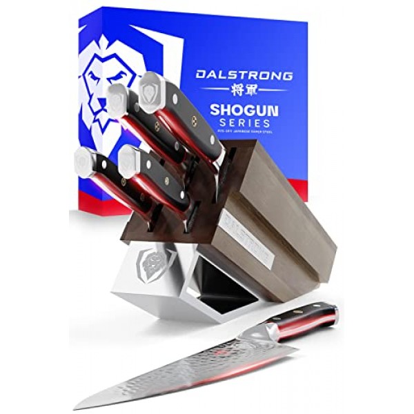 DALSTRONG 칼 블록 세트 - 5개 - Shogun 시리즈 ELITE - AUS-10V 고탄소 일본 강철 - 블랙 G10 손잡이 - 아카시아 나무 - 다마스커스 - 블록이 있는 주방 칼 세트 - 전문가용 칼 세트