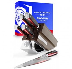 DALSTRONG 칼 블록 세트 - 5개 - Shogun 시리즈 ELITE - AUS-10V 고탄소 일본 강철 - 블랙 G10 손잡이 - 아카시아 나무 - 다마스커스 - 블록이 있는 주방 칼 세트 - 전문가용 칼 세트